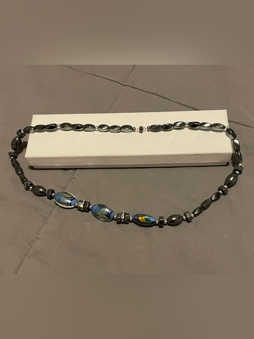 Polished Gray Hematite Necklace with Blue Glass Accents - Women Jewelry